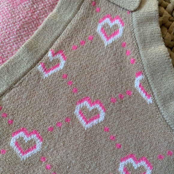 Witty Fox Women's Heart Pattern Sweater Vest - Tan and Pink - Picture 2 of 4